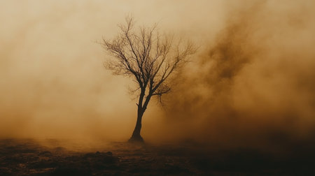 A barren tree standing amidst a dense layer of PM2.5 dust, symbolizing the impact of pollution on the environment.の素材