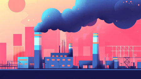 A factory emitting thick black smoke from chimneys, polluting the sky with visible air pollution.の素材
