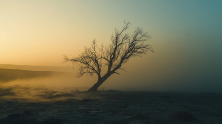 A barren tree standing amidst a dense layer of PM2.5 dust, symbolizing the impact of pollution on the environment.の素材