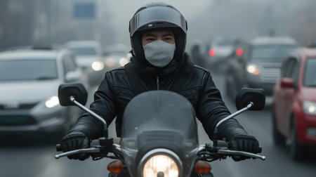 A motorcyclist wearing a pollution mask, driving through heavy traffic under a thick layer of smog.の素材