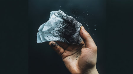 A hand holding a white handkerchief stained with black soot, symbolizing the direct impact of PM2.5 on daily life.の素材