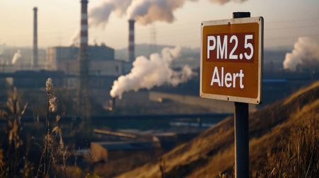A warning sign with "PM2.5 Alert" text placed on an industrial landscape with thick smoke emissions in the background.の素材
