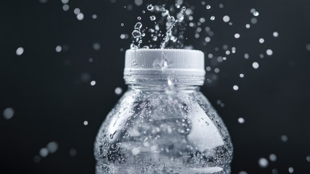 A clear plastic bottle collecting water droplets mixed with airborne dust particles, highlighting PM2.5 pollution's visibility.の素材