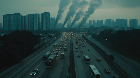 A congested city highway during rush hour, with cars and buses emitting visible exhaust fumes into the hazy sky.の素材