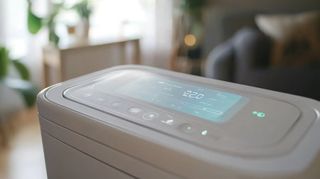 A close-up of an air purifier in a modern home, with a digital screen showing PM2.5 levels reducing to safe standards.の素材