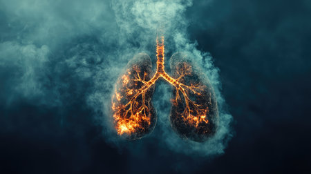 A concept image of human lungs overlaid with smoke and pollutants, illustrating the impact of air pollution on health.の素材