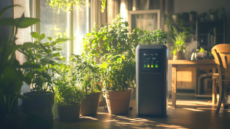 A digital air purifier screen showing optimal air quality levels, surrounded by indoor plants in a cozy, bright room.の素材