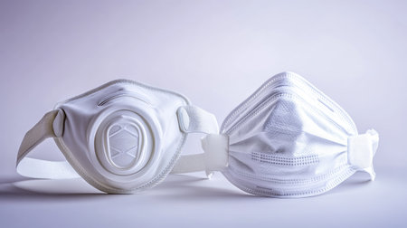 A clean, white N95 mask placed next to a visibly dusty one, symbolizing the effectiveness of protection against PM2.5.の素材