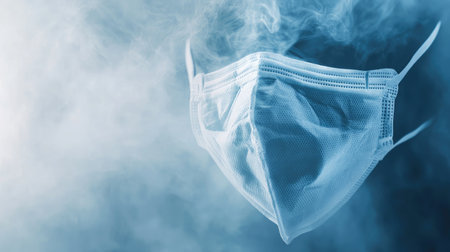 A close-up of a medical mask with visible pollution particles on the surface, symbolizing protection from hazardous air.の素材