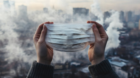 A pair of hands holding a dust mask, with a city skyline covered in smog, symbolizing the protective measures against pollution.の素材
