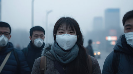 A group of people wearing face masks in an urban park, surrounded by air pollution from traffic and industrial areas.の素材