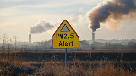 A warning sign with "PM2.5 Alert" text placed on an industrial landscape with thick smoke emissions in the background.の素材