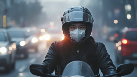 A motorcyclist wearing a pollution mask, driving through heavy traffic under a thick layer of smog.の素材