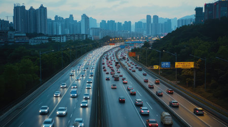 A high-angle view of a congested urban highway, with vehicles emitting visible exhaust fumes contributing to PM2.5 levels.の素材
