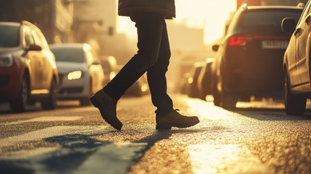 A pedestrian crossing a road with dense traffic and smog in the background, highlighting the impact of vehicle pollution.の素材