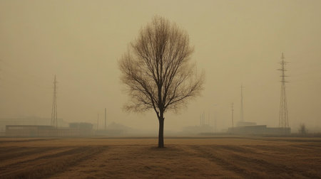 A lone tree in a field surrounded by smog and air pollution, symbolizing environmental damage.の素材