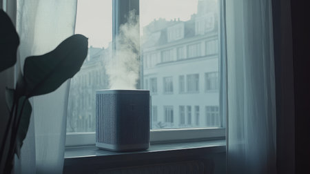 An air purifier next to a window with hazy polluted air outside, emphasizing the contrast of clean indoor air.の素材