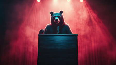 A bear-headed figure confidently delivering a keynote speech on a brightly lit stage with a professional conference setting.の素材