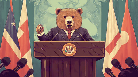 A bear-headed politician in a tailored suit giving a passionate speech at a podium, surrounded by microphones and national flags.の素材