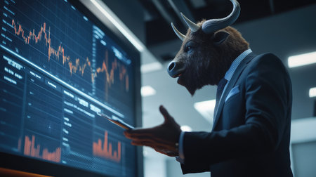 A buffalo-headed executive standing in a boardroom, confidently presenting charts on a sleek screen to an invisible audience.の素材