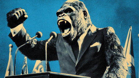 King Kong's head on a human body wearing a sharp navy suit, delivering a commanding speech at a podium with microphones and flags behind.の素材