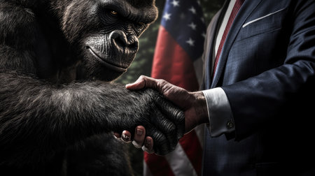 King Kong-headed politician shaking hands with another leader in front of flags, symbolizing strength and partnership.の素材