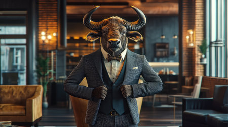 A surreal AI-generated image of a buffalo head on a human body, dressed in a sharp business suit, standing confidently in a modern office.の素材