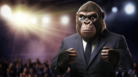 A King Kong-headed public figure in a pinstripe suit giving a keynote address in a grand conference hall under bright spotlights.の素材