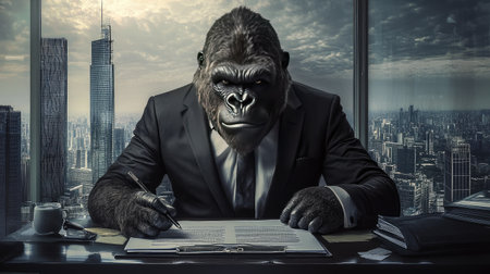 King Kong-headed businessman in a tailored black suit sitting at a desk, confidently reviewing documents with a city skyline view.の素材