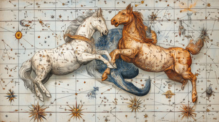 A celestial map filled with constellations and stars, on a vintage parchment background.の素材