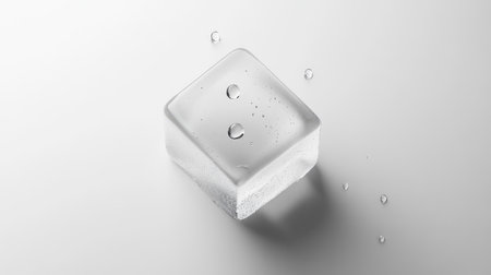 A close-up of a single ice cube melting on a white background, water droplets visible.の素材
