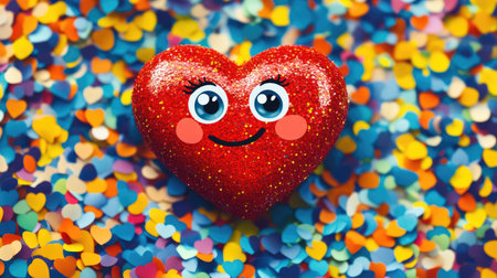 A cartoon-style red heart with a cheerful face, surrounded by colorful confetti, representing happiness and positivity.の素材