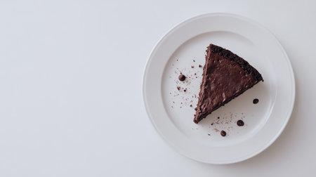 A high-resolution image of a chocolate cake slice on a white plate with a white background.の素材