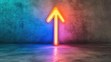 A glowing neon arrow pointing upward, set against a dark background, symbolizing growth and progress.の素材