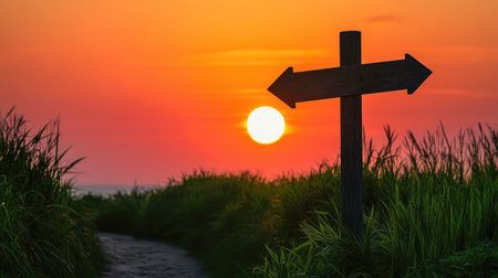A crossroad signpost silhouetted by the setting sun, symbolizing decision-making and new paths.の素材