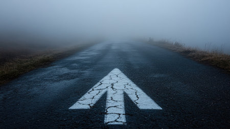 A minimalist white arrow painted on a cracked asphalt road, leading into a misty horizon, symbolizing direction and journey.の素材