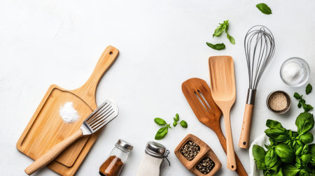 A flat lay of kitchen utensils, including a spatula and whisk, arranged on a white background.の素材