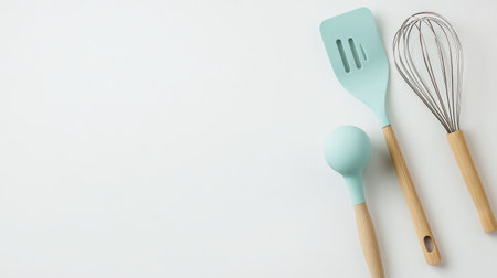 A flat lay of kitchen utensils, including a spatula and whisk, arranged on a white background.の素材