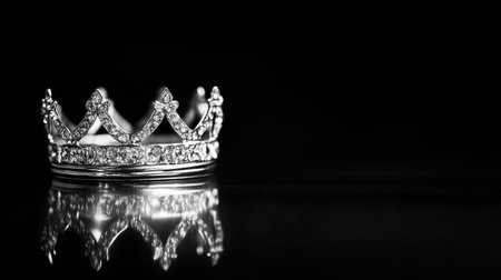 A minimalist silver crown placed on a reflective black surface, exuding elegance and simplicity.の素材