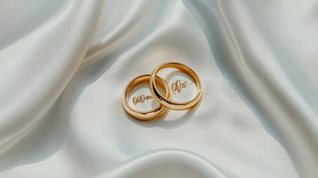 A close-up of golden wedding rings placed on a white silk fabric with a white background.の素材