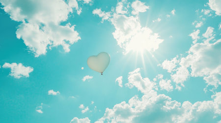 A heart-shaped balloon rising into a clear blue sky, with sunlight streaming through soft clouds, representing hope and joy.の素材