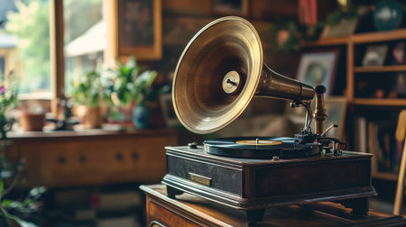 A gramophone with a spinning vinyl record in a retro living room setup.の素材