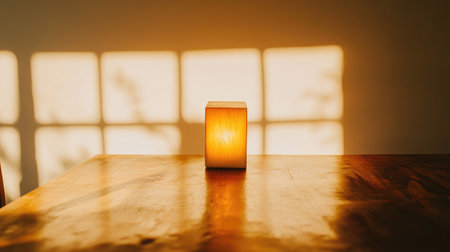 A minimalist table lamp casting soft light on a white background.の素材