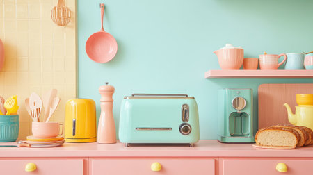A retro-inspired kitchen scene with a breadbox, toaster, and pastel-colored appliances.の素材