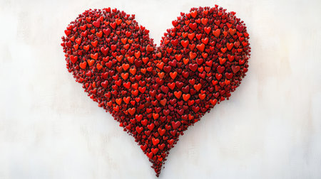 A mosaic of tiny red hearts forming a larger heart shape, set against a white background, symbolizing unity in love.の素材