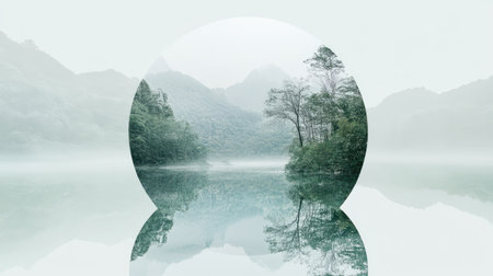 A perfect circular mirror reflecting a serene landscape, blending natural beauty with symmetry.の素材