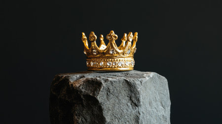 A simple golden crown placed on a cracked stone pedestal, symbolizing power and legacy.の素材