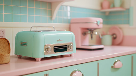A retro-inspired kitchen scene with a breadbox, toaster, and pastel-colored appliances.の素材