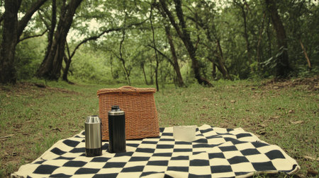 A nostalgic outdoor picnic setup with a checkered blanket, wicker basket, and vintage thermos.の素材