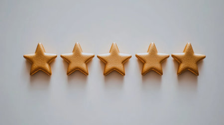 A row of golden stars arranged in a 5-star rating layout on a clean, white background.の素材